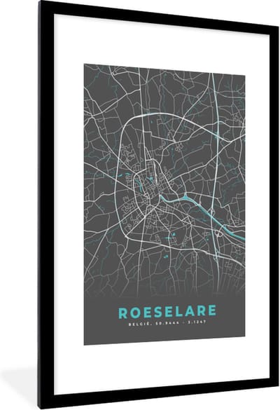 Fotolijst incl. Poster - België – Roeselare – Stadskaart – Kaart – Blauw – Plattegrond - 80x120 cm - Posterlijst