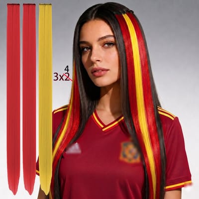 12 stuks rood gele rood haarextensies dames meisjes Spaanse vlag synthetische haarpruik Spaanse vlag haarstukjes kijkwedstrijd en feestaccessoire voor WK voetbal geschikt voor allerlei sportwedstrijden en feesten