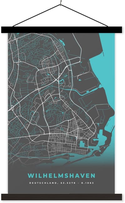 Posterhanger incl. Poster 40x60 cm - Schoolplaat - Blauw – Duitsland – Plattegrond – Stadskaart – Kaart – Wilhelmshaven - Textielposter - Zwarte latten - Stadskaart
