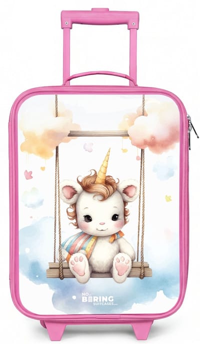 NoBoringSuitcases.com® - Kinderkoffer roze - Kindertrolley meisje - Witte baby eenhoorn op een schommel in de wolken - Koffer kind lichtgewicht - Reiskoffer trolley voor kinderen - Koffertje met lichtgevende wieltjes - Rolkoffer