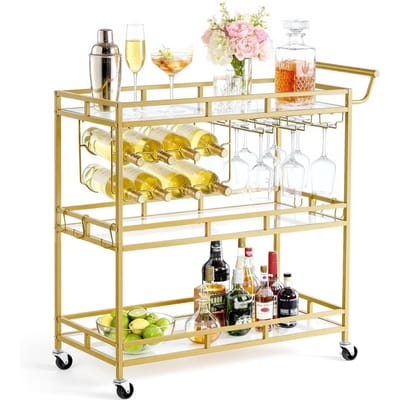 Chariot de bar, 3 niveaux, Chariots de service pour cuisine maison, Station utilitaire moderne roulante sur roues, Chariot à boissons avec étagères en verre trempé, Porte-bouteilles de vin,
