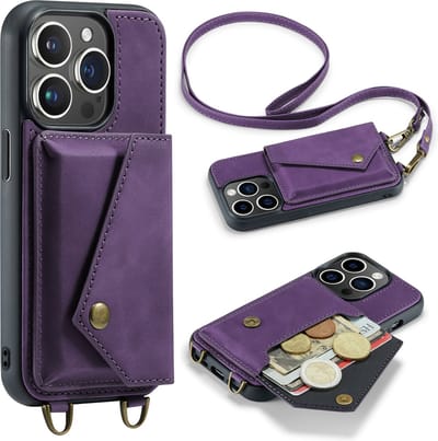 Casemania Hoesje Geschikt voor Apple iPhone 15 Pro - Dark Purple - Luxe Backcover met Koord en Magnetische Sluiting - Portemonnee Wallet Case met Pasjeshouder en Opbergvak - Lanyard Telefoonhoes - Cord Case