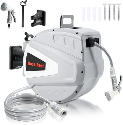 Wandslangenbox 20 meter + 2 meter Slanghaspel - Automatische Tuinslanghaspel - Tuinslang met haspel - 9 Sproei standen - Slangenhouder 180° Draaibaar Voor Tuin & Terras