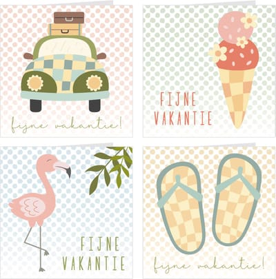 4x FIJNE VAKANTIE kaarten / set wenskaarten met enveloppen