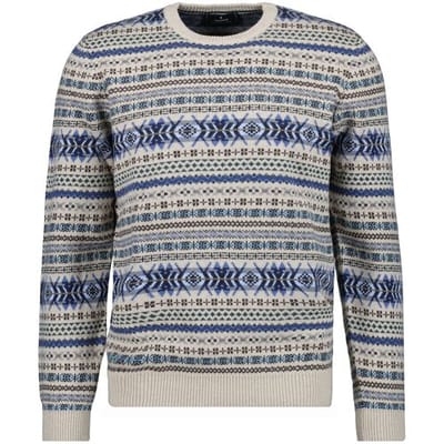 Ragman Trui Round Neck Jacquard Knit Cotton Cashmere Beige-Blauw / male