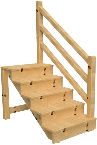 Vrijstaande buitentrap met trapleuning hout Rechts - palen ronde kop - H 5-treden 88cm B 120cm