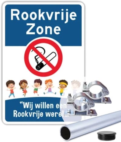 Bord Rookvrije zone - Kinderen - Weerbestendig Aluminium - 40x60 cm - Bevestiging: Met paal 150 cm + paalbeugels + paaldop