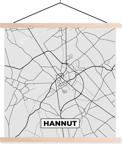 Posterhanger incl. Poster 40x40 cm - Schoolplaat - België – Hannut – Stadskaart – Kaart – Zwart Wit – Plattegrond - Textielposter - Blanke latten - Stadskaart