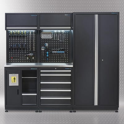 Datona® Werkplaatsinrichting PREMIUM met RVS werkblad 225 cm breed - Zwart