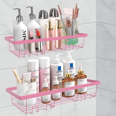 Zelfklevende Douchecaddy Set van 2 - Roestvrij, Wandmontage, Organiser voor Douche/Badkamer/Keuken (Roze)