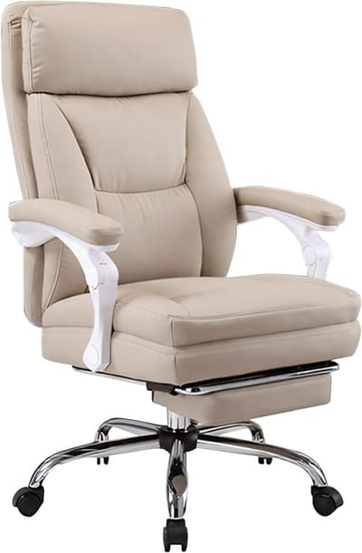 Ergonomische bureaustoel met voetsteun & 135° relax ligfunctie 95D x 71B x 50H cm – Hoge rugleuning, hoofdsteun, verstelbare armleuningen, PU leer, 150 kg draagvermogen, 360° draaibaar kantoor- & gamingstoel – Beige