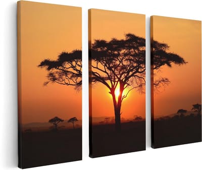 Artaza Canvas Schilderij Drieluik Zonsondergang Achter Een Savanne Boom - 120x80 cm - Wanddecoratie Woonkamer - Schilderijen - Muurdecoratie
