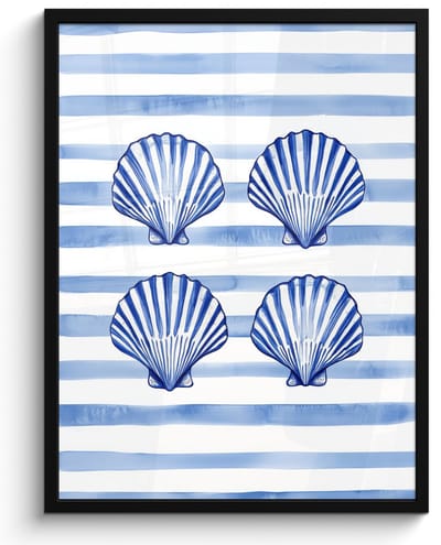 Poster in lijst - Fotolijst 60x80 cm - Posters - Vier schelpen - Blauw - Wit - Strepen - Posterlijst zwart - Decoratie - Wanddecoratie woonkamer - Muurdecoratie slaapkamer