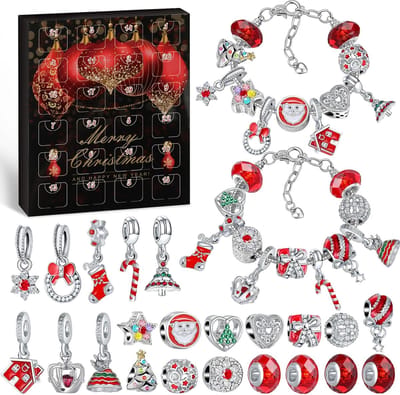 STAR&STER Adventskalender 2027 – Sieraden Adventskalender voor Meisjes – Rode – 24-delige Charm Armband Knutselset – Kerstcadeau voor Kinderen, Tieners & Vrouwen