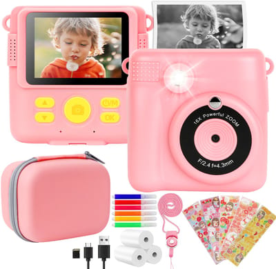Kindercamera met Instant Print voor Meisjes en Jongens - Digitale Camera met 1080P, 32GB, Opbergkoffer, Printpapier en 6 Kleurpotloden – Cadeau 3-12 Jaar (Roze)