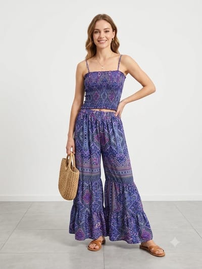 Dames Kleding set - Top met broek - 1018 - One size (36-40) blauw/paars/roze
