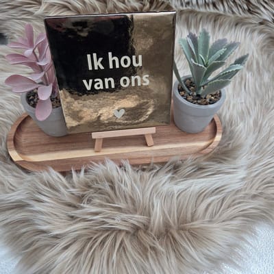 Robuust Wenstegeltje – Hip trendy tegeltje – Goud 13cm X 13cm - Ik hou van ons - Valentijn - cadeau - gift - verjaardag - zomaar - gepersonaliseerd cadeautje - decoratie voor woonkamer – Trendy nu – Decoratief Tegeltje met Standaard – Cadeau Idee