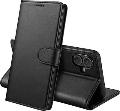 Hoesje Portemonnee voor iphone 16 Plus Zwarte portemonnee met magnetische klep en kaartopslag