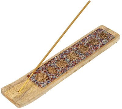 Wierookhouder 7 Chakra's gemengde chakrastenen mangohout - ± 25 cm x 7 cm x 1 cm