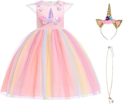Unicorn Kostuum voor Kinderen, Prinsessenjurk met Sieraden en Hoofdband voor Verjaardagen, Cosplay en Halloween Feesten, Leeftijd 2-10 Jaar