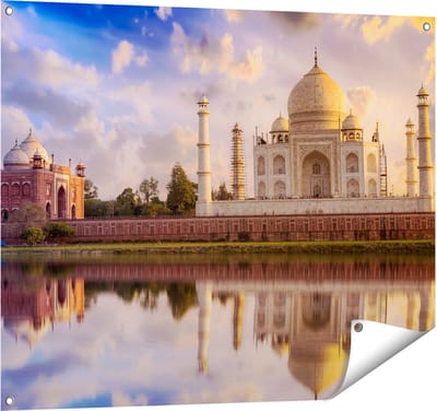 Gards Tuinposter Taj Mahal bij het Water in India - 100x80 cm - Tuindoek - Tuindecoratie - Wanddecoratie buiten - Tuinschilderij