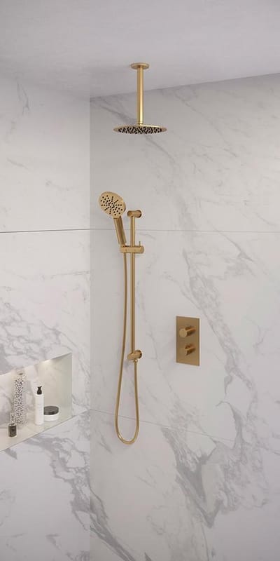 Brauer Gold Edition thermostatische inbouw regendouche 3-weg omstelling SET 47 met 20 cm douchekop en plafondarm en 3-standen handdouche en doucheslang en geïntegreerde glijstang goud geborsteld PVD