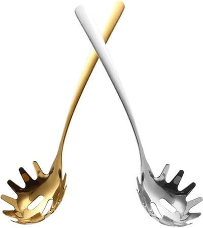 2-delige set - Pastalepel - 24 x 6,8 cm - Spaghettilepel - Roestvrij staal - Zeef voor hete potten - Noedellepel - Noedel vork - Lange steel - voor het serveren van pasta - Keukengerei - Goud + Zilver