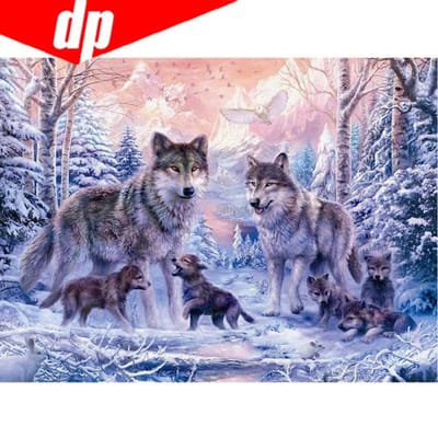 5D Diamantmozaïek Volledige Diamantborduurwerk  Wolvenfamilie in Sneeuw  Doe-het-zelf Kruissteek Ronde Diamant 20X30 gray