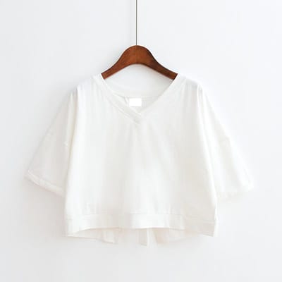 Haut Court Ample à Col V et Fente Dos Nu Couleur Unie Été pour Étudiante T-shirt à Manches Courtes à Bretelles pour Femmes Femmes 2XL blanc