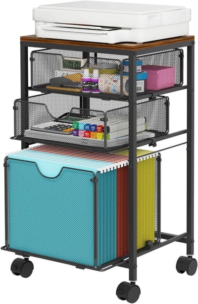 Mobiele Opbergwagen voor Onder Bureau met 3 Lades, Geschikt voor A4 Documenten en Hangmappen, Houten en Gaas Ontwerp, Bruin, 11.8" D x 14.7" W x 25.5" H