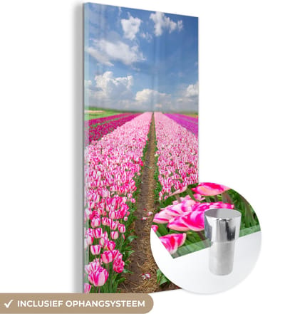 MuchoWow® Glasschilderij 20x40 cm - Schilderij acrylglas - Tulpen - Zon - Lente - Foto op glas - Schilderijen