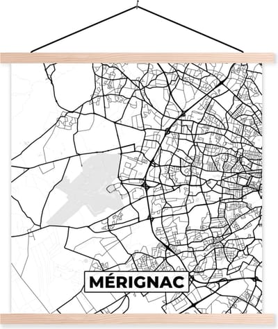 Posterhanger incl. Poster 40x40 cm - Schoolplaat - Frankrijk - Kaart - Plattegrond - Stadskaart - Mérignac - Zwart wit - Textielposter - Blanke latten - Stadskaart