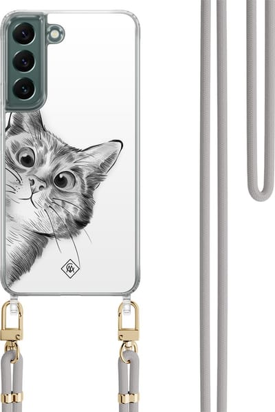 Casimoda® hoesje met koord - Geschikt voor Samsung S22 - Peekaboo Kat - Afneembaar koord - TPU/polycarbonaat - Grijs