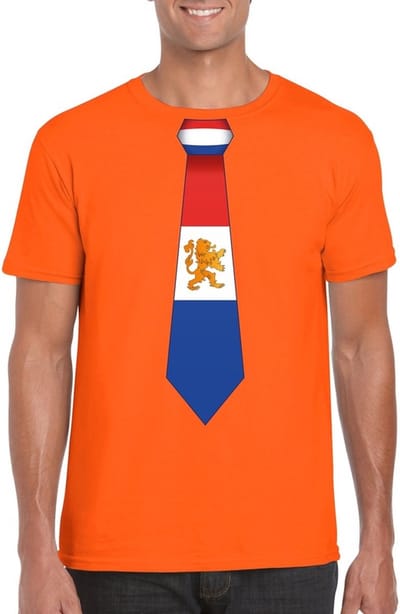 Oranje t-shirt met Hollandse vlag stropdas - voor heren - Nederland supporter - Koningsdag S