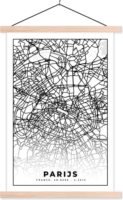 Posterhanger incl. Poster 40x60 cm - Schoolplaat - Parijs - Stadskaart - Zwart Wit - Plattegrond - Kaart - Textielposter - Blanke latten - Stadskaart