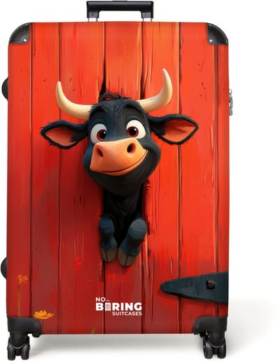 NoBoringSuitcases.com® - Kinderkoffer - Kindertrolley jongen en meisje - Zwarte stier steekt kop door rode schuurdeur - Koffer kind groot - Rolkoffer met 4 wielen - Grote trolley XL - 98 liter bagage