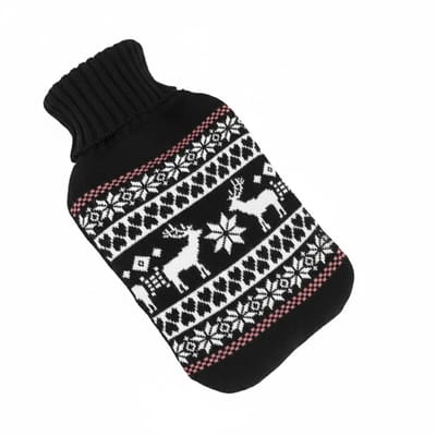 HI Warmwaterkruik - zwart - met hoes - 2L - kerst print - kruik - bedkruik - kruikenzak