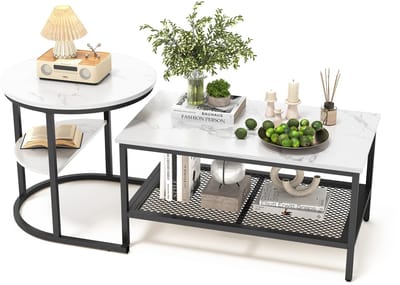 Salontafelset, tweedelige set met in elkaar schuifbare tafel, bijzettafel, woonkamertafel met plank, stapelbare banktafel, zwart
