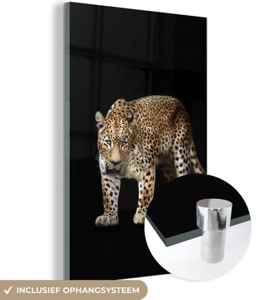 MuchoWow® Glasschilderij 40x60 cm - Schilderij acrylglas - Luipaard - Zwart - Dieren - Foto op glas - Schilderijen