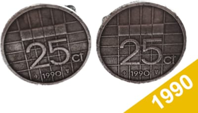 Manchetknopen Kwartje 1990 Verzilverd - Uniek en Stijlvol Sieraad met Jaartal - Cadeau Geboortejaar - Alle Jaartallen Beschikbaar - Doorsnede 1,8 cm