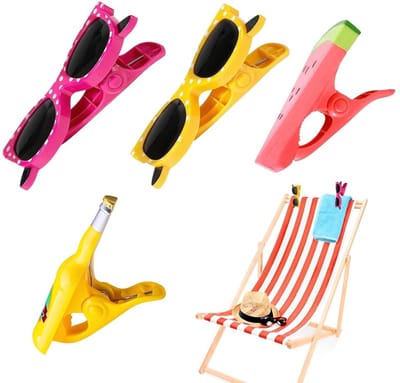 Dailygoods- Strandhanddoekclips 4 stuks - Lichtgewicht handdoekklemmen - Winddichte klemmen voor ligstoelen - Kunststof - Grappige vormen - Stevig en stabiel - Handdoekklem