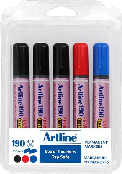 Artline 190 Drysafe Permanent Marker - Set 5 Stuks - Schuine Punt 2,0-5,0mm - Watervast & Wrijfvast - Zwart, Blauw & Rood