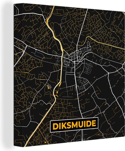 Canvas Schilderij Stadskaart - Black en gold - Diksmuide - Plattegrond - Kaart - 20x20 cm - Wanddecoratie