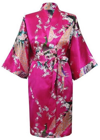 KIMU® Kimono Donkerroze Kort - Maat S-M - Yukata Satijn Boven de Knie - Korte Roze Ochtendjas Japanse Kamerjas Sexy Satijnen Badjas Geisha Pauwenprint Festival