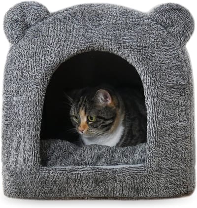 Rosewood Teddy Kattenmand - Kattenhuis & Ligbed 2-in-1 - Zacht Pluche - Wasbaar Kussen - Grijs
