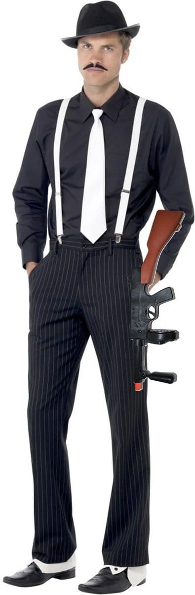 Smiffys Gangster/Maffia verkleedkleding setje voor heren - hoed - bretels - stropdas - machinegeweer 50 cm - Al Capone thema