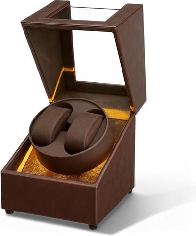 Dubbele LED Horloge Winder met Twee Posities, Automatische Horloge Opslag en Twee-Weg Rotatie, Bruin Hout