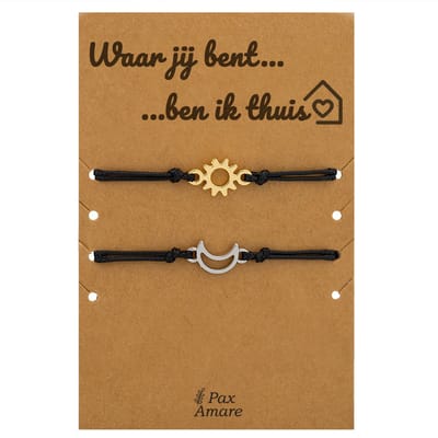 Koppel Armbandjes voor 2 "Waar jij bent, ben ik thuis" - Zon & Maan - Vriendschapsarmbandjes met Liefdevol Cadeau Kaartje - Zilverkleurig & Goudkleurig - Elastisch Verstelbaar - Pax Amare