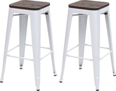 Set van 2 barkrukken MCW-A73 incl. houten zitting, barkruk tegenkruk, metaal industrieel ontwerp stapelbaar ~ wit
