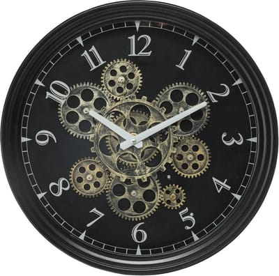 WANDKLOK METAAL MET DRAAIENDE TANDWIELEN - ZWART - DIAMETER 37 CM